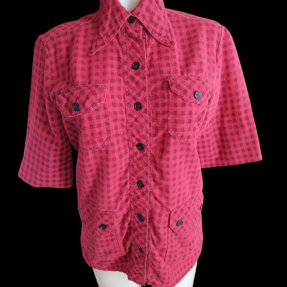 True Vintage Women's Small Shirt Boho 1970's Flannel Red Black Checkered Hippy - Picture 2 of 7